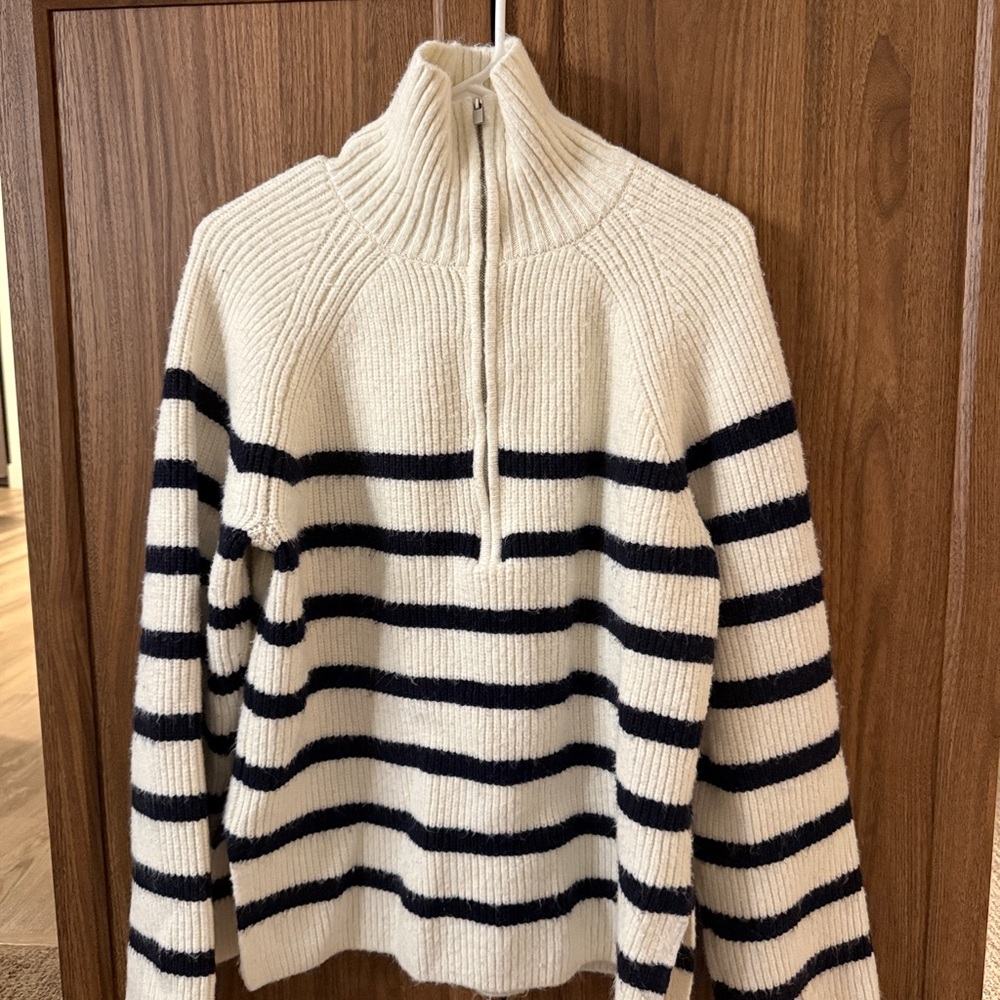 Half-Zip Striped Cream and Black Ribbed Sweater